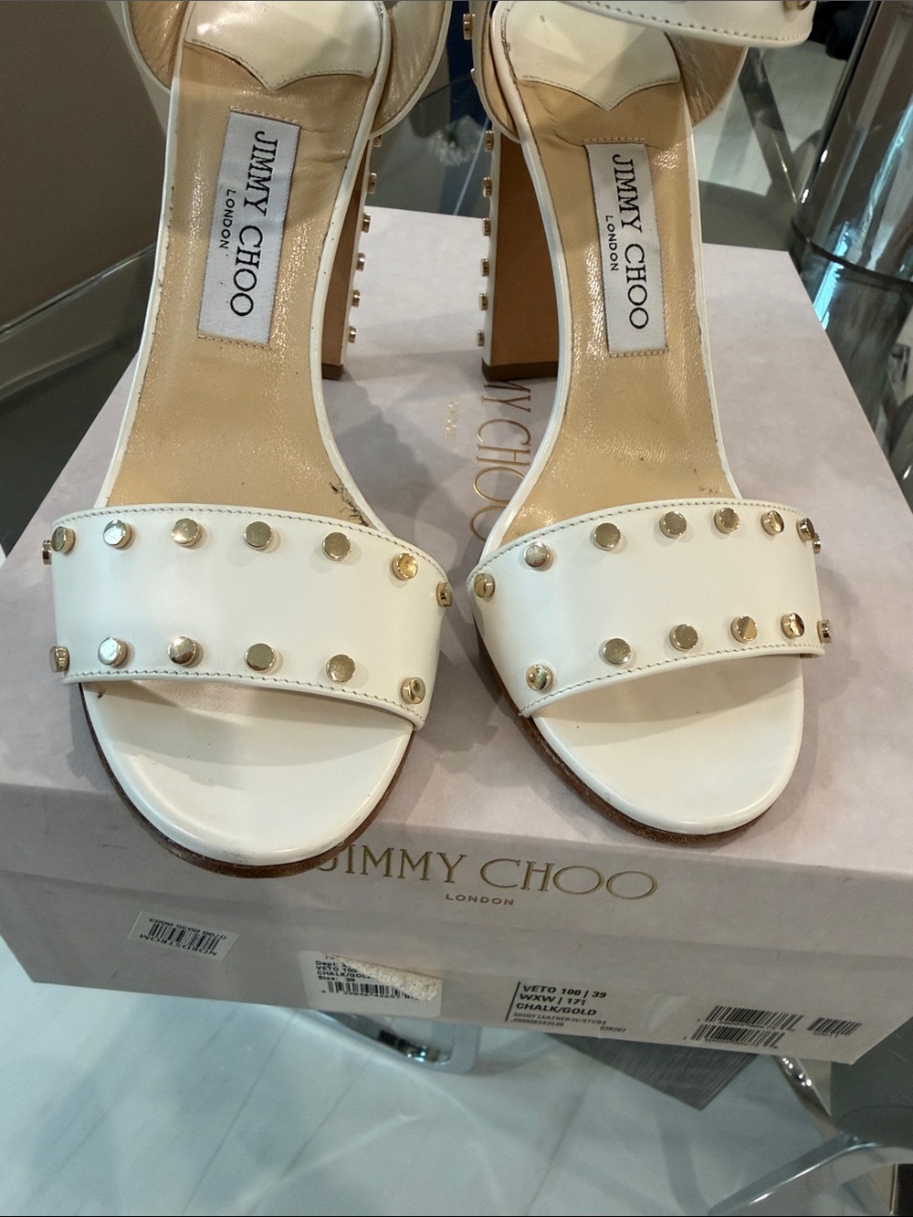 Jimmy Choo White Studded Block Heel Sandals with Ankle Cuff size 39 - Picture 4 of 9